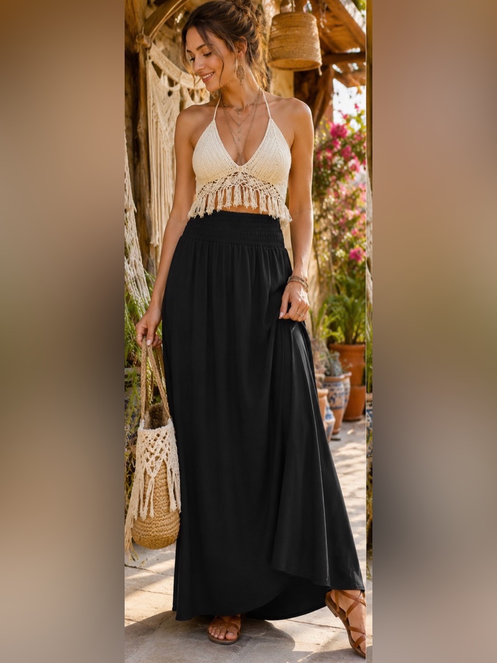Halara Black Maxi Skort Size L High Waist 2-in-1 Built In Shorts Flowy Stretch
